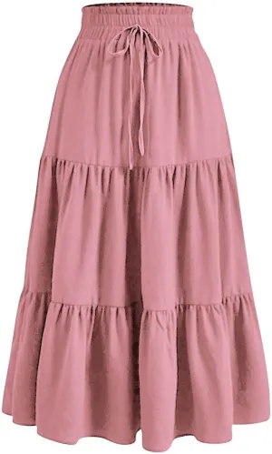 Ruffle Tiered Maxi Skirts for Women Summer Solid Elastic Waisted Skirt Casual Loose Fit Comfy Skirts with Drawstring