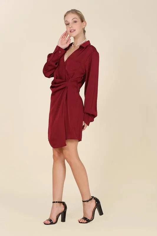 Satin Collared Long Sleeve Wrap Mini Dress