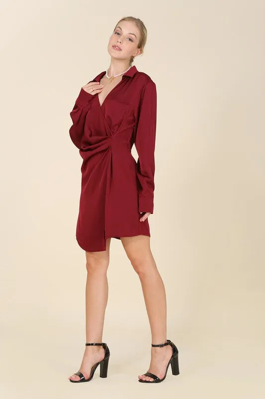 Satin Collared Long Sleeve Wrap Mini Dress