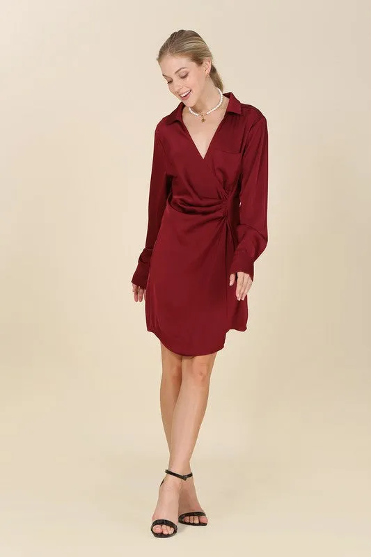 Satin Collared Long Sleeve Wrap Mini Dress