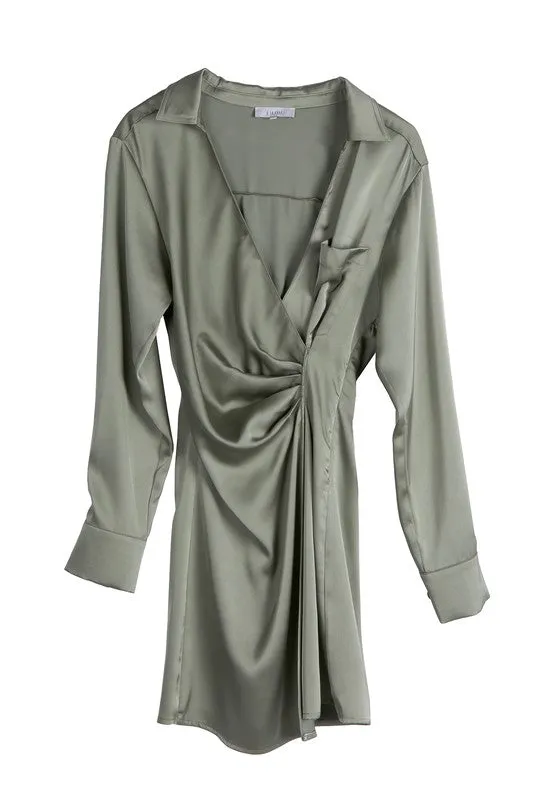 Satin Collared Long Sleeve Wrap Mini Dress