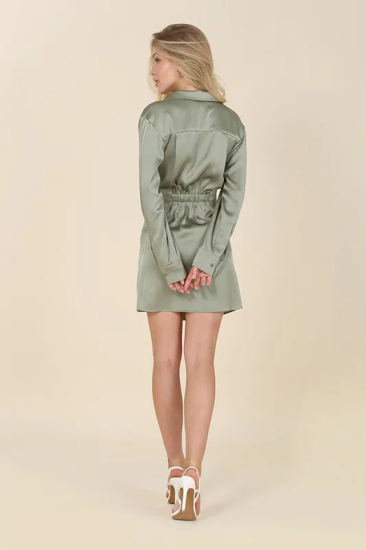 Satin Collared Long Sleeve Wrap Mini Dress