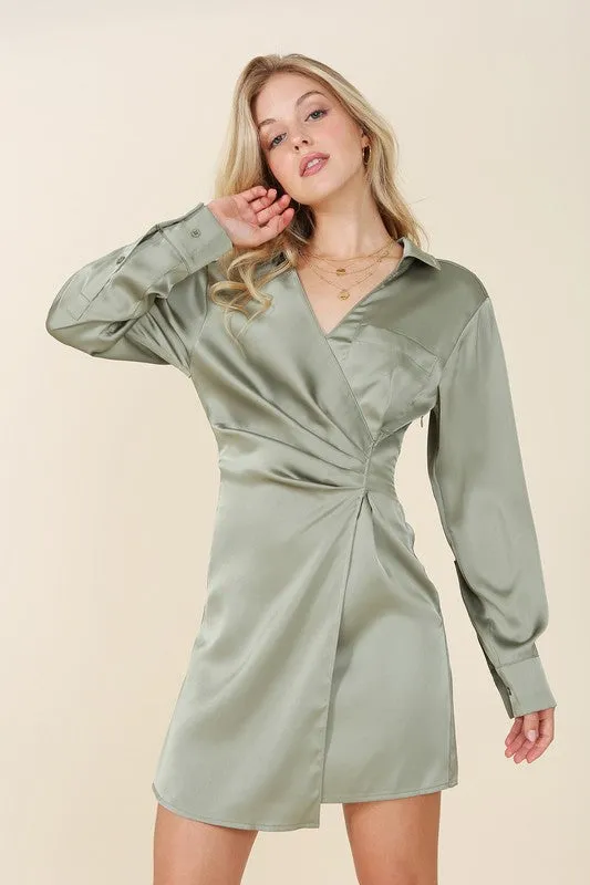 Satin Collared Long Sleeve Wrap Mini Dress