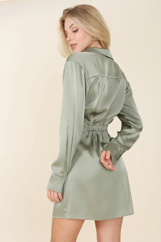 Satin Collared Long Sleeve Wrap Mini Dress