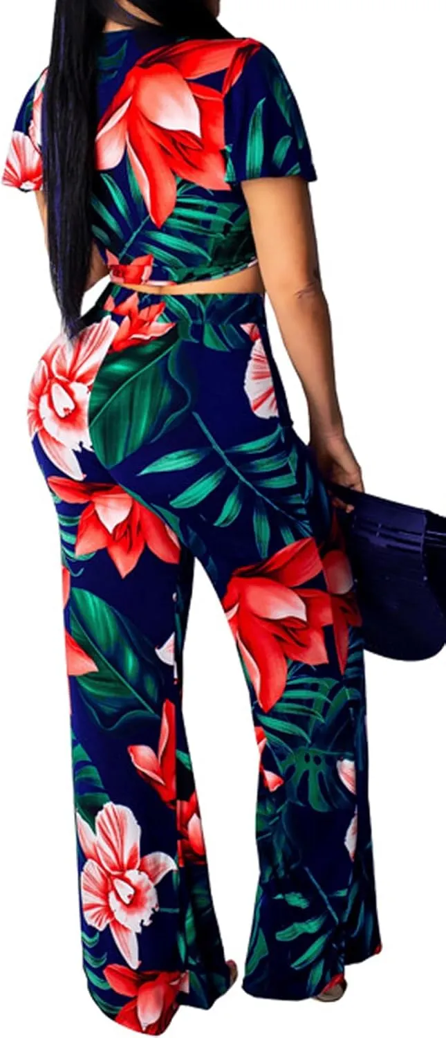sexycherry Two Piece Outfits for Women Beach Bandage Crop Top Long Straight Pants Vacation Swimwear Cover Ups Sets