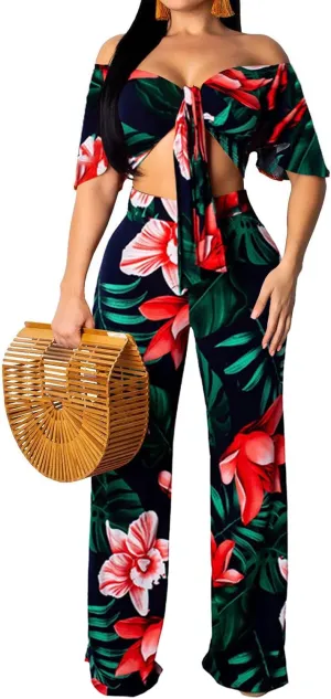 sexycherry Two Piece Outfits for Women Beach Bandage Crop Top Long Straight Pants Vacation Swimwear Cover Ups Sets
