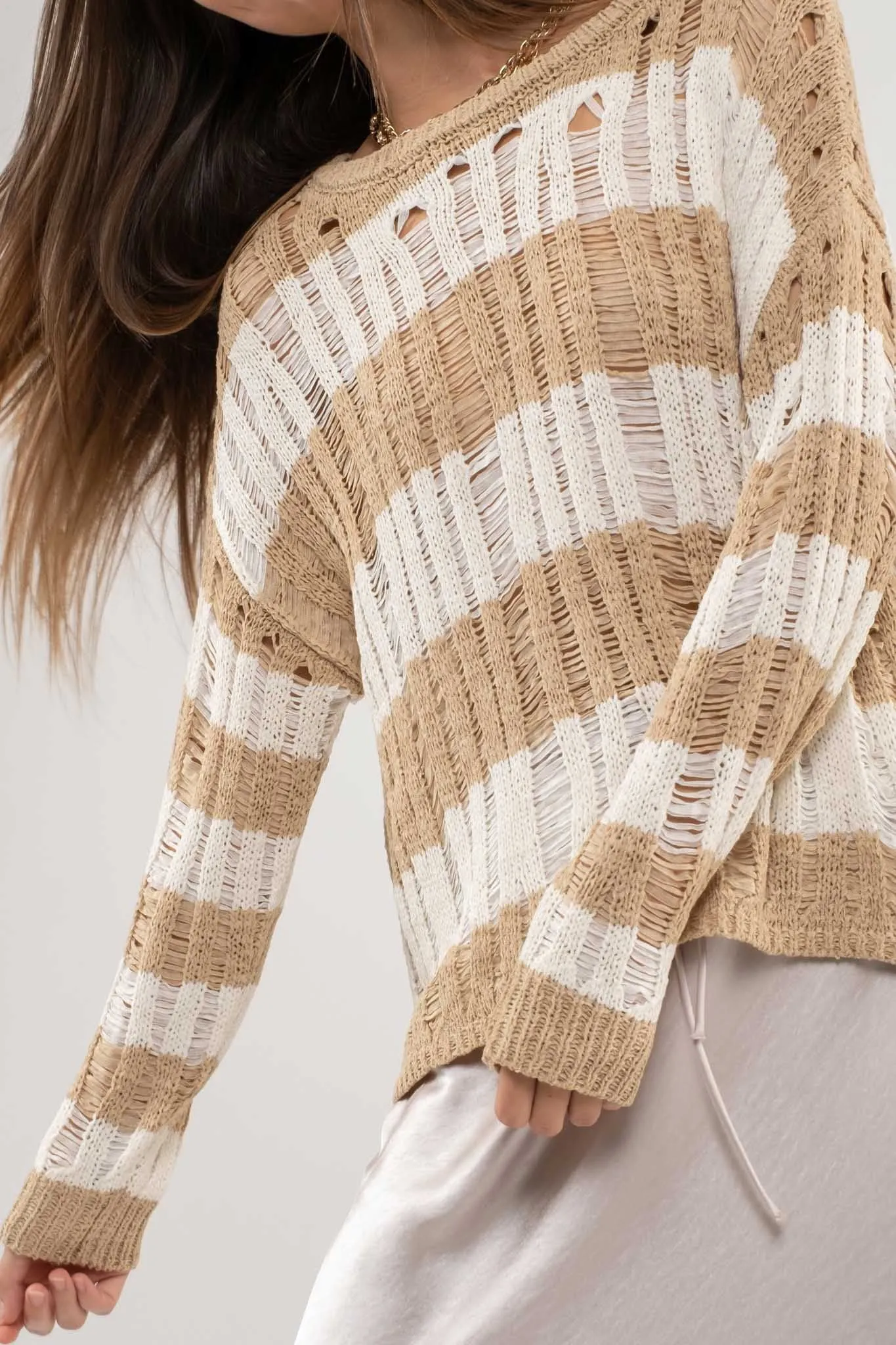Striped Ladder Knit Pullover Sweater
