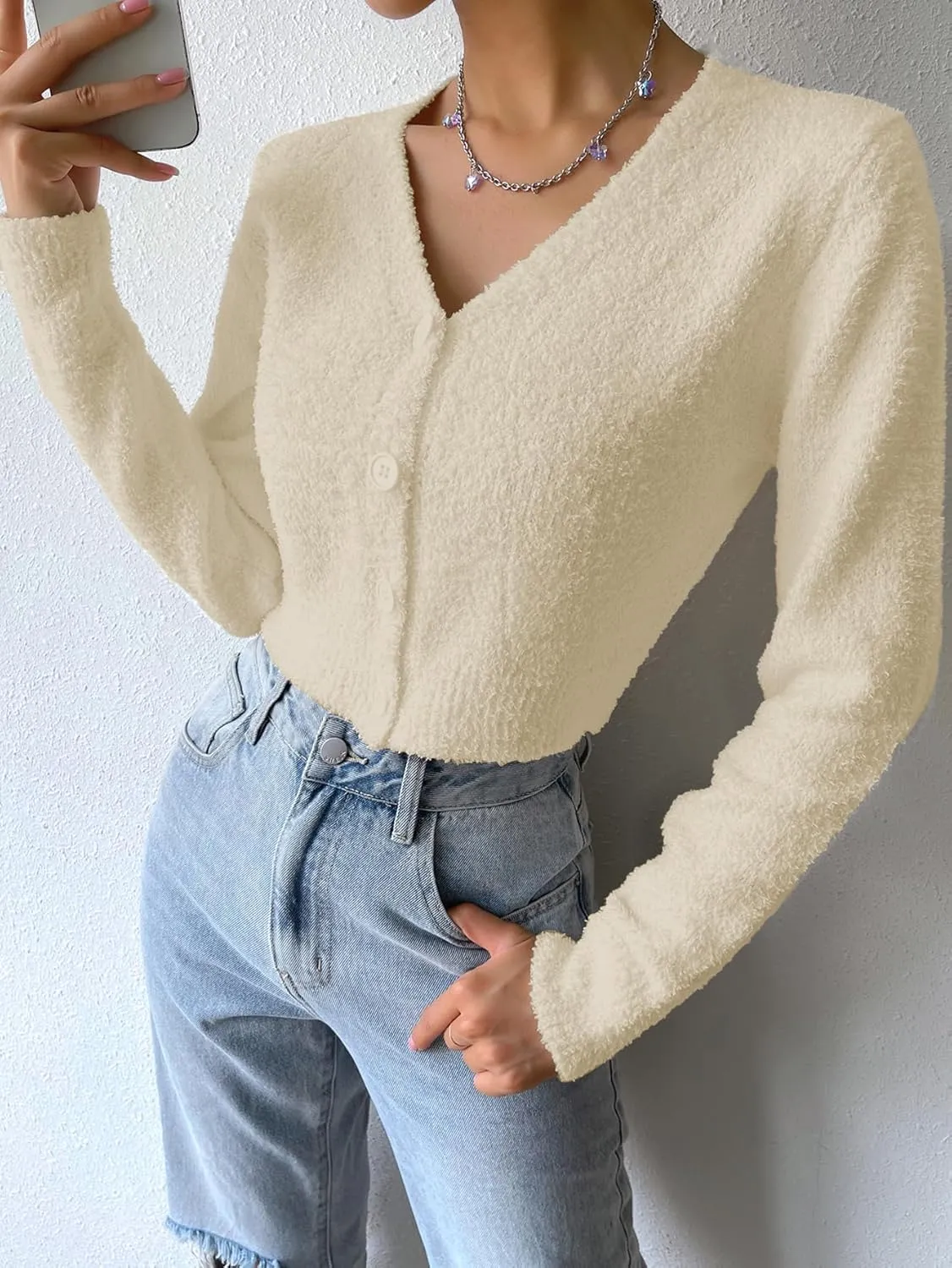 SweatyRocks Women's Long Sleeve V Neck Sweater Crop Top Button Front Fuzzy Knit Cardigan