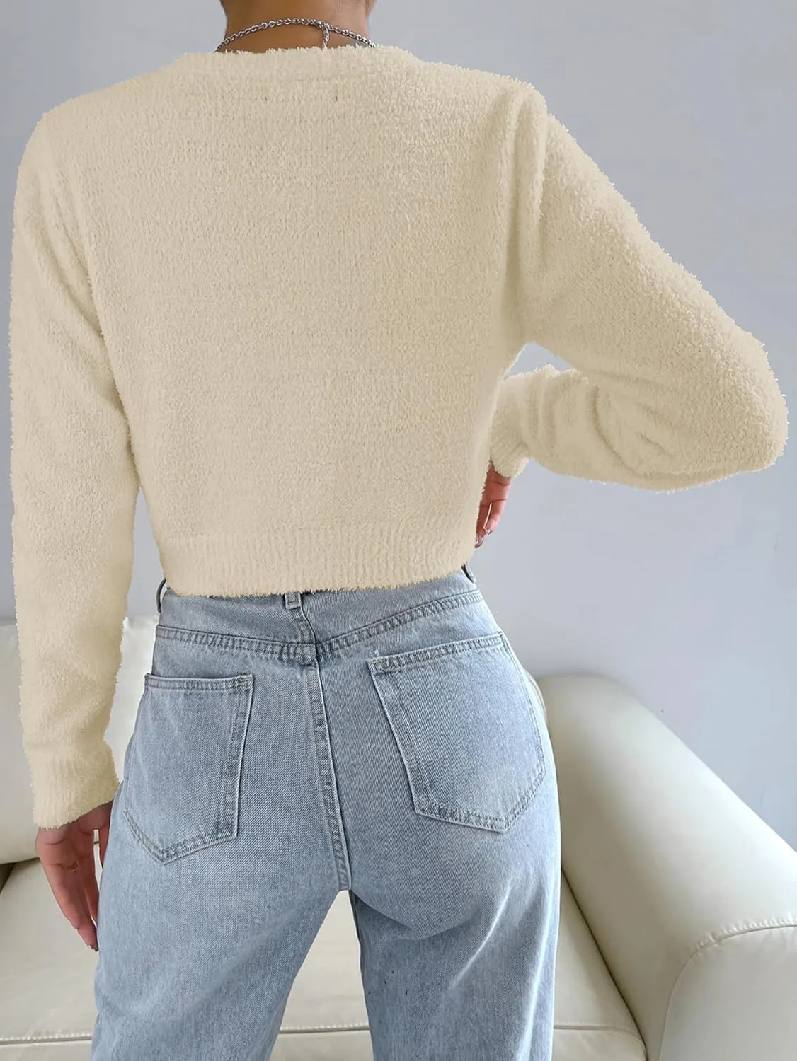 SweatyRocks Women's Long Sleeve V Neck Sweater Crop Top Button Front Fuzzy Knit Cardigan