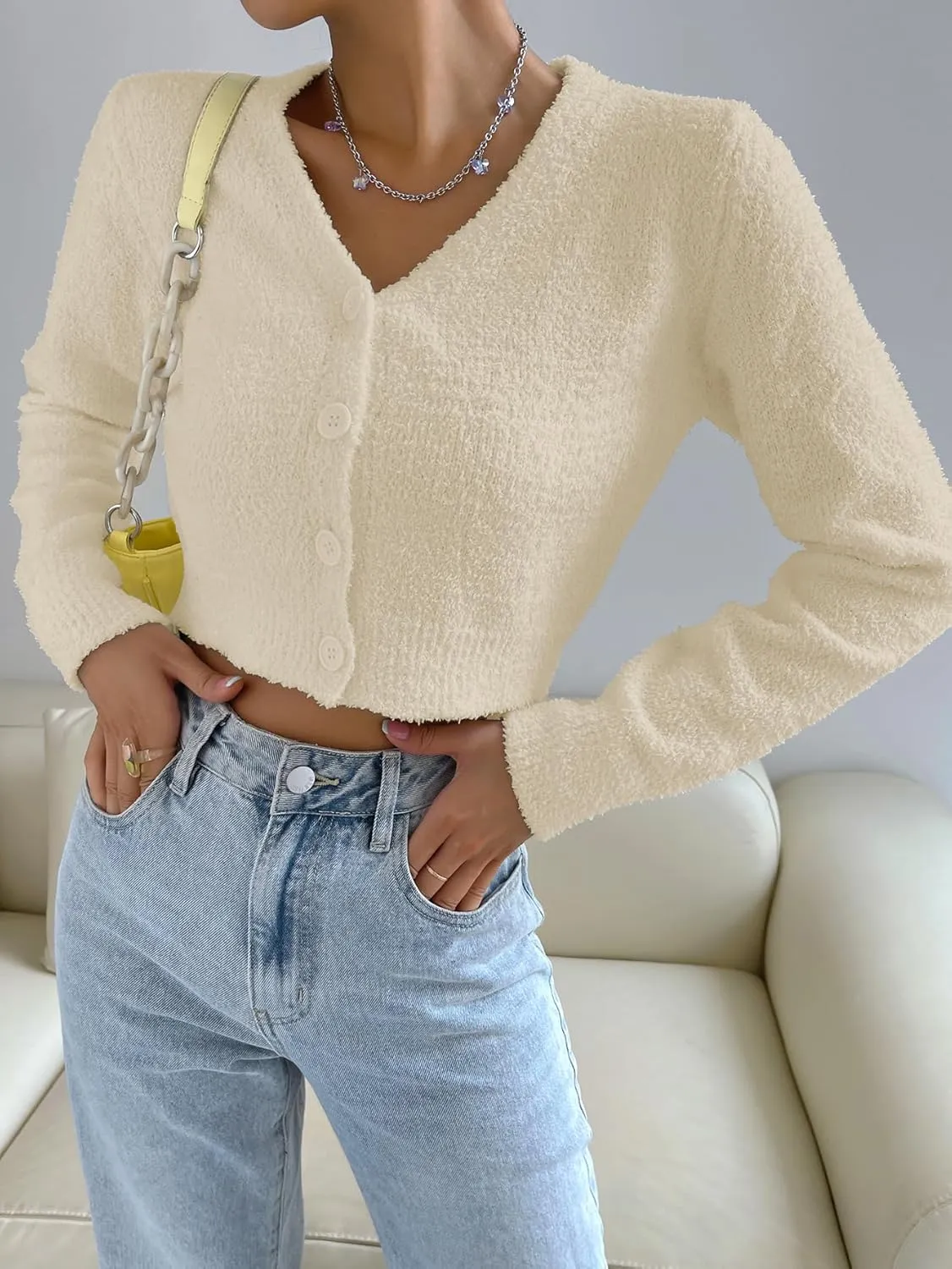 SweatyRocks Women's Long Sleeve V Neck Sweater Crop Top Button Front Fuzzy Knit Cardigan