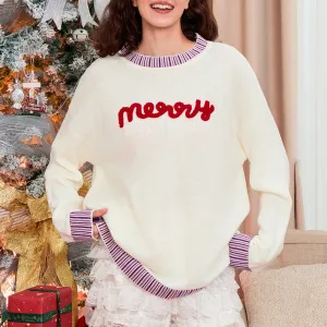 Toleet-Women's Christmas Knitted Sweaters Autumn Long Sleeve Round Neck Letter Embroidery Loose Pullover Knitwear Jumpers Tops
