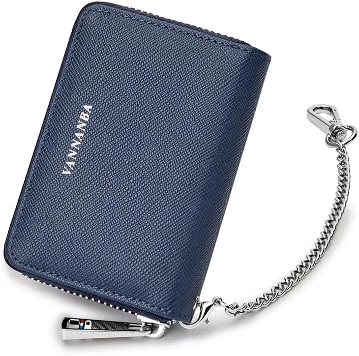 VANNANBA Chain Wallet Zipper Large Capacity Organizer Accordion Wallet Genuine Leather Purse RFID Blocking Wallet for Men,blue10