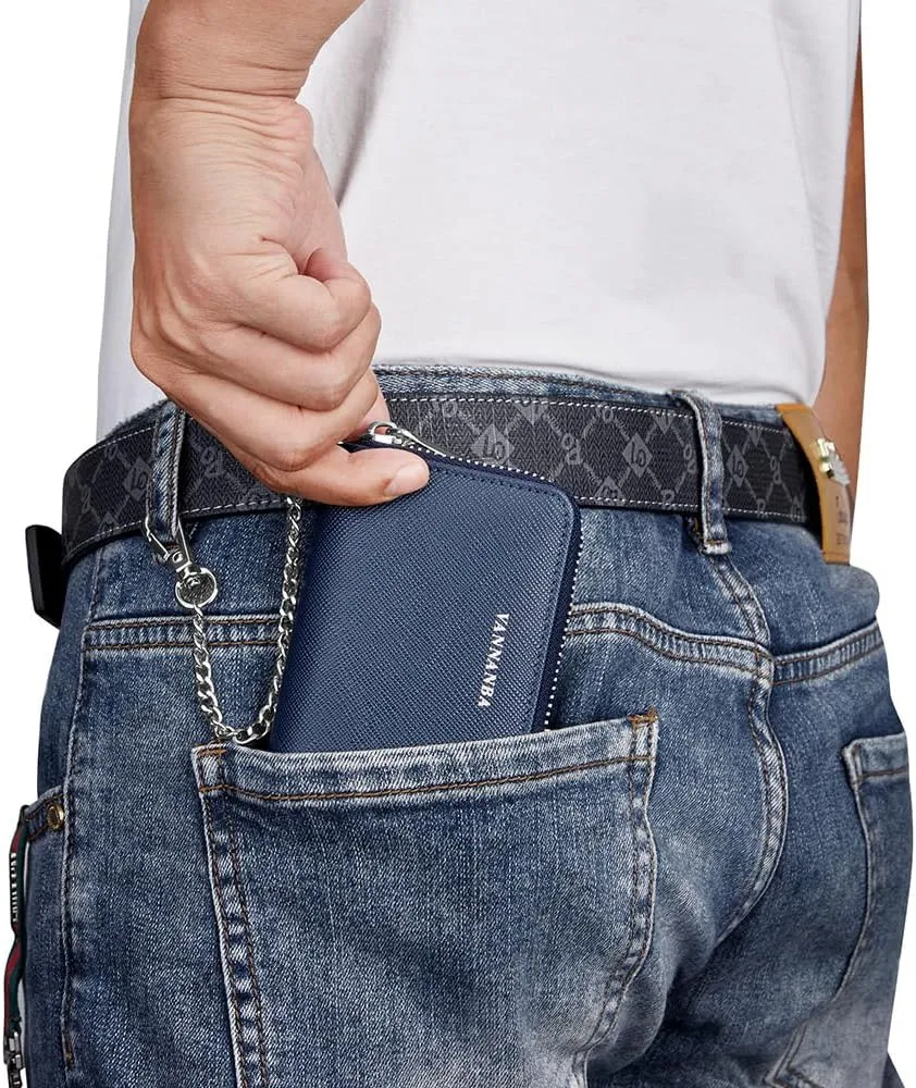 VANNANBA Chain Wallet Zipper Large Capacity Organizer Accordion Wallet Genuine Leather Purse RFID Blocking Wallet for Men,blue10