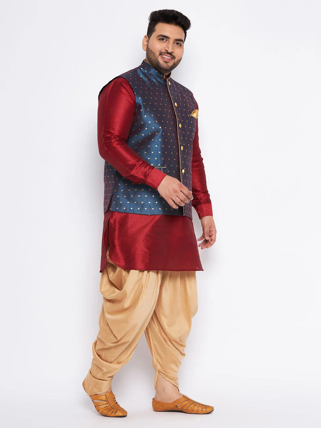 VASTRAMAY Blue Zari Weaved Nehru Jacket With Kurta Dhoti Set