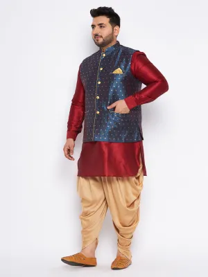 VASTRAMAY Blue Zari Weaved Nehru Jacket With Kurta Dhoti Set