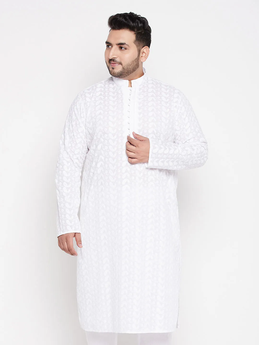 VASTRAMAY White Chikankari Embroidered Men's Kurta