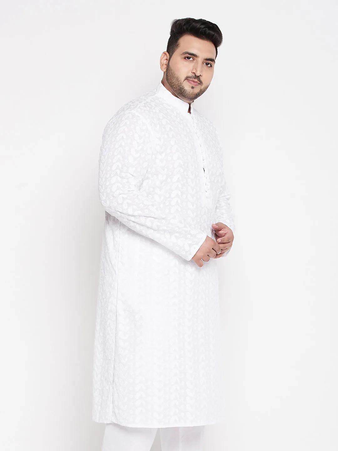 VASTRAMAY White Chikankari Embroidered Men's Kurta