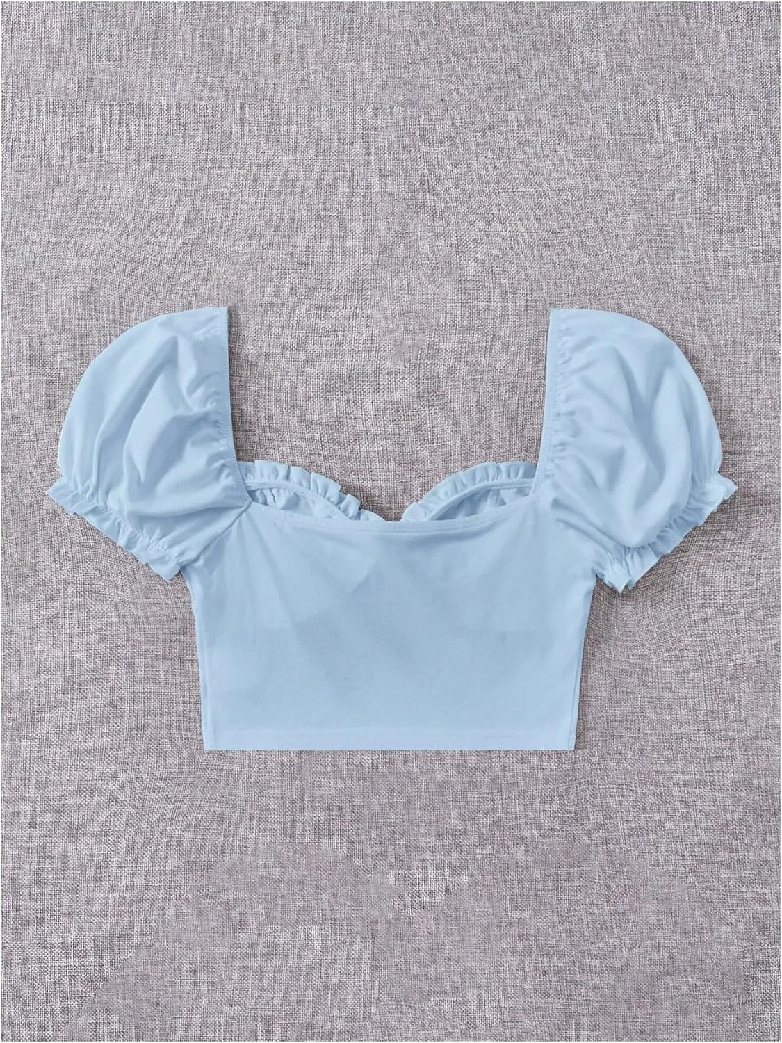 Verdusa Women's Frill Trim Sweetheart Neck Tie Front Short Puff Sleeve Crop Blouse Top