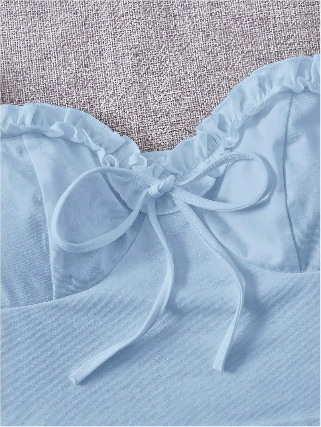Verdusa Women's Frill Trim Sweetheart Neck Tie Front Short Puff Sleeve Crop Blouse Top