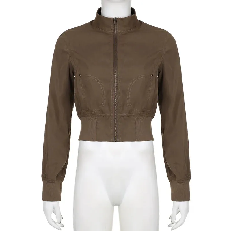 Vintage Cropped Jacket | Women’s Casual Coat Slim Pocket Zip Up