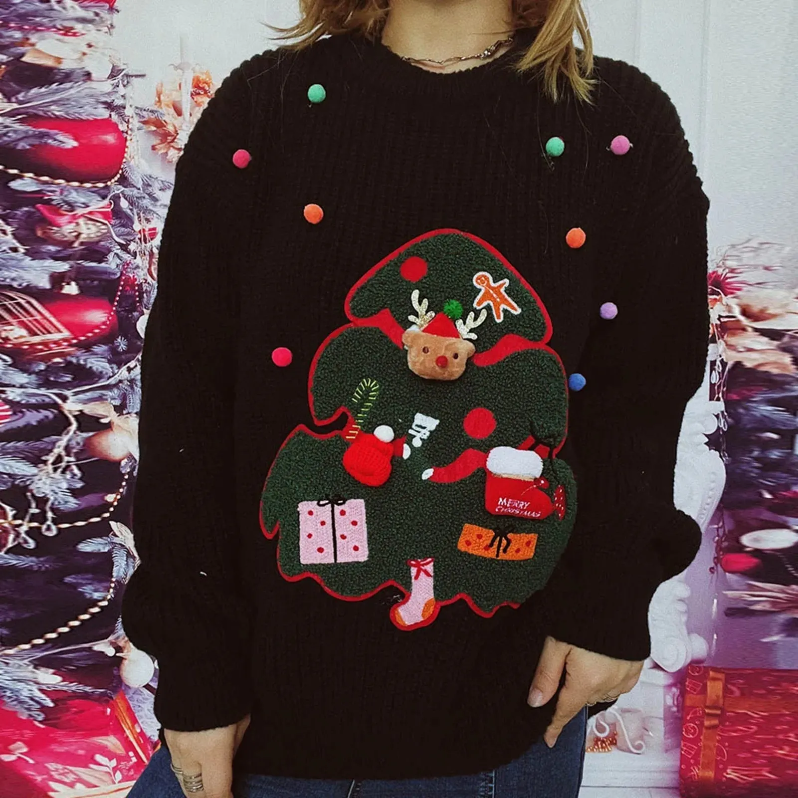 Wenkouban-Christmas Thanksgiving outfits_Christmas Handmade Decoration Tree Closet Staples Work Pullover Christmas Sweater