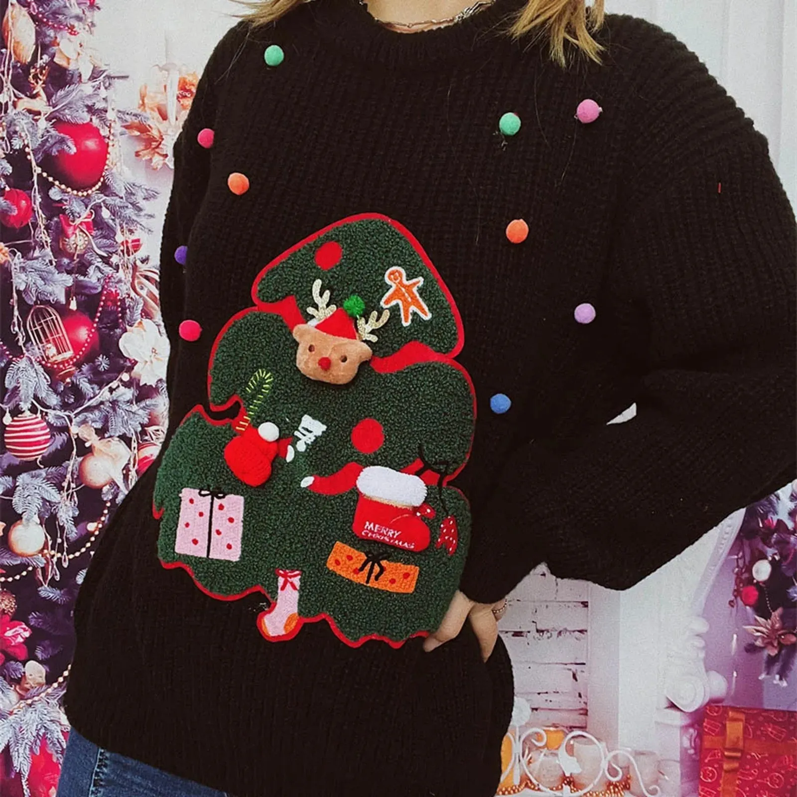 Wenkouban-Christmas Thanksgiving outfits_Christmas Handmade Decoration Tree Closet Staples Work Pullover Christmas Sweater