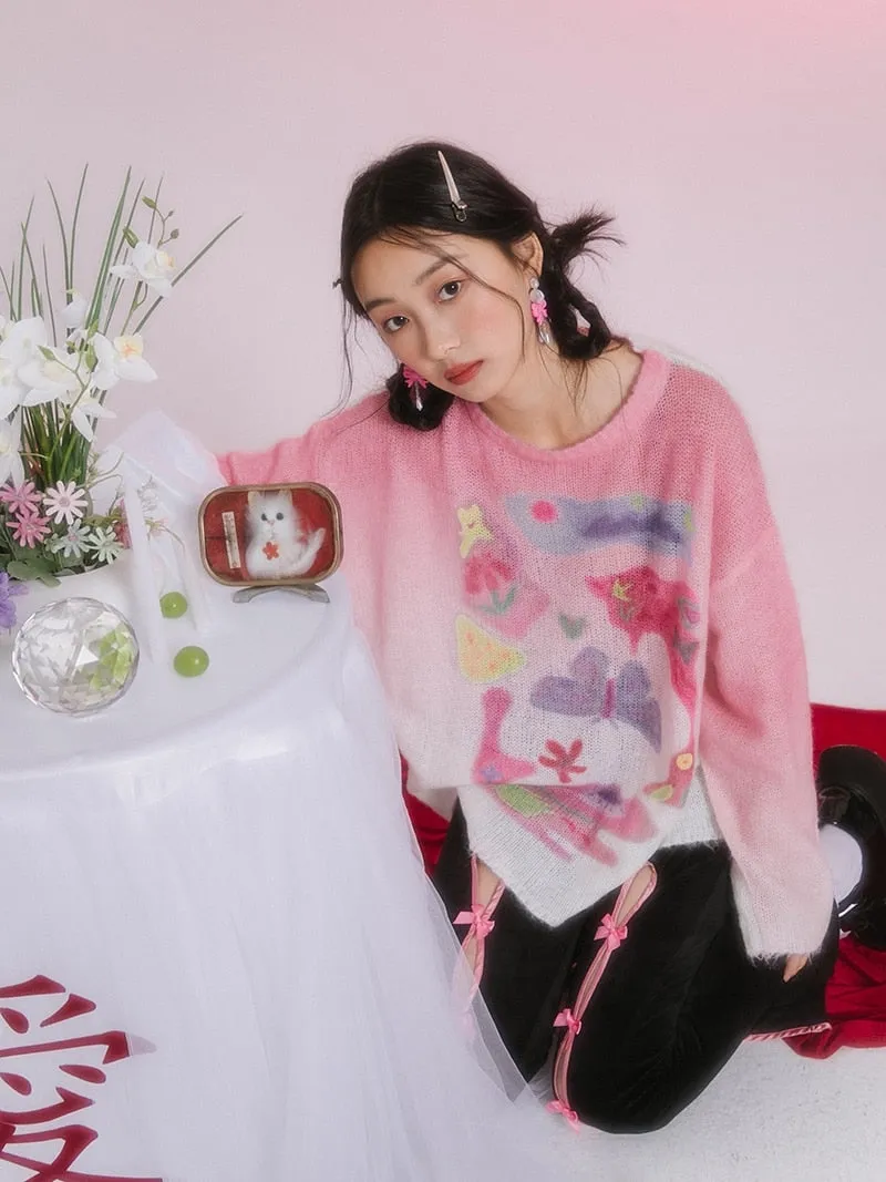 Wenkouban Japan Sweet Pink Pullover Girls Butterfly Print Knitted Oversized Sweaters Gradient Women Autumn Designer Clothes Kawaii