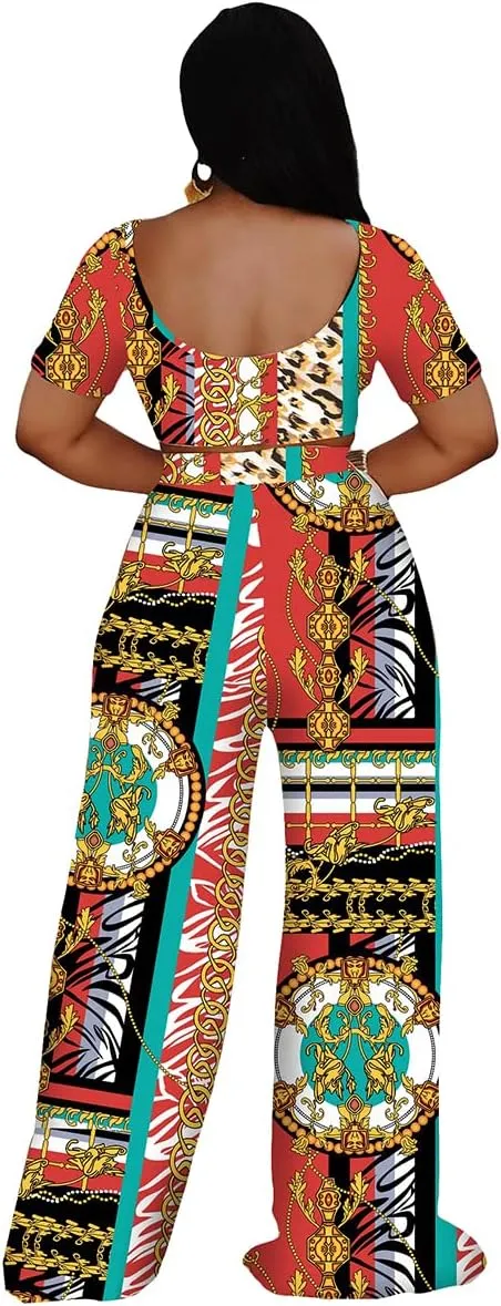 Women 2 Piece Sexy Bodycon Crop Top High Waist Wide Leg Pants Set Plus Size Outfits