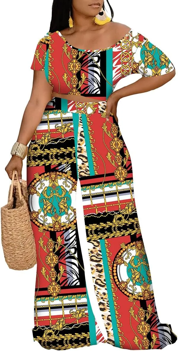 Women 2 Piece Sexy Bodycon Crop Top High Waist Wide Leg Pants Set Plus Size Outfits