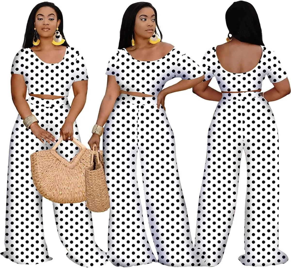 Women 2 Piece Sexy Bodycon Crop Top High Waist Wide Leg Pants Set Plus Size Outfits