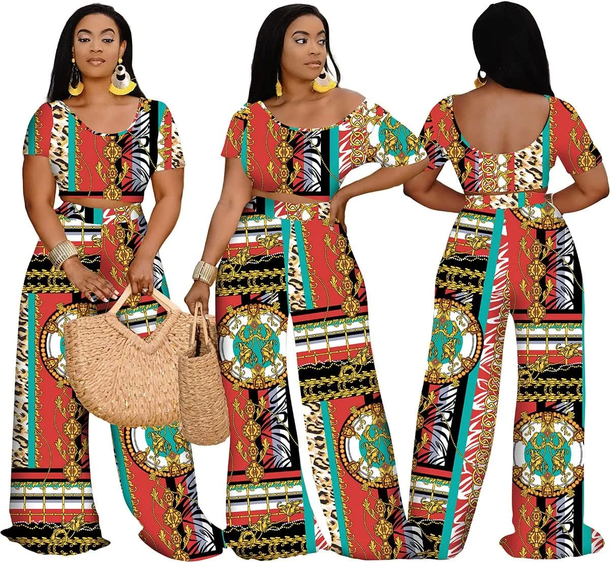Women 2 Piece Sexy Bodycon Crop Top High Waist Wide Leg Pants Set Plus Size Outfits