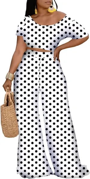 Women 2 Piece Sexy Bodycon Crop Top High Waist Wide Leg Pants Set Plus Size Outfits