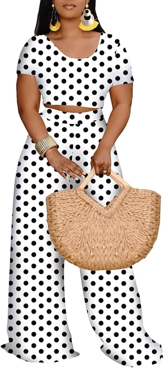 Women 2 Piece Sexy Bodycon Crop Top High Waist Wide Leg Pants Set Plus Size Outfits