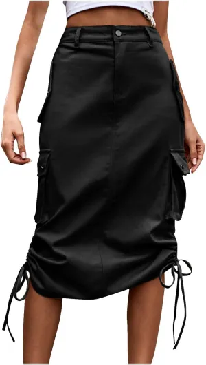 Women Denim Cargo Long Skirts High Waisted Button Ruched Side Slit Pencil Skirt Midi Jean Skirt with Flap Pockets