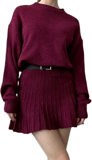 Women Dressy Pleated Skirt Sets 2 Pieces Outfits Fall Knit Sweater High Waist Ruffle Mini Skirt Sets