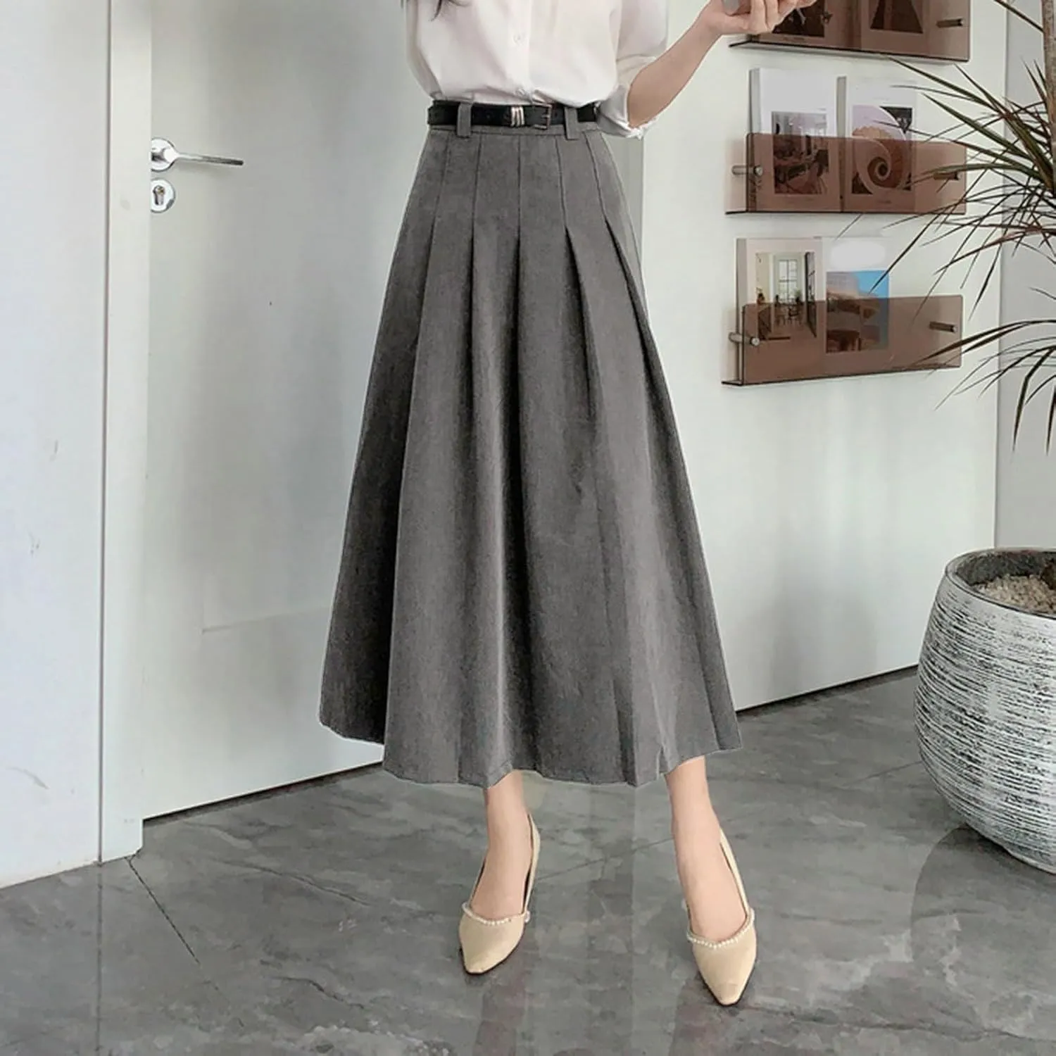 Women Fashion Casual Mid Length Suit Skirt A Line High Waisted Pleated Skirt Daily Costume Half Suit Skirt for
