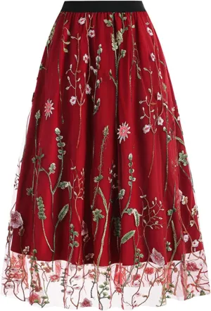 Women Floral Embroidered Tulle Skirts Mesh A-Line Layered Midi Skirt Elastic High Waist Swing Pleated Vintage Skirts