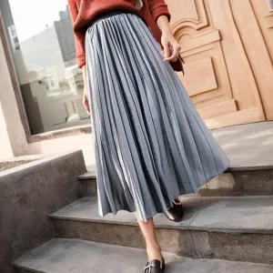 Women Pleated Velvet Skirts Elastic High Waist A Line Midi Skirts Casual Flowy Swing Holiday Party Long Skirts