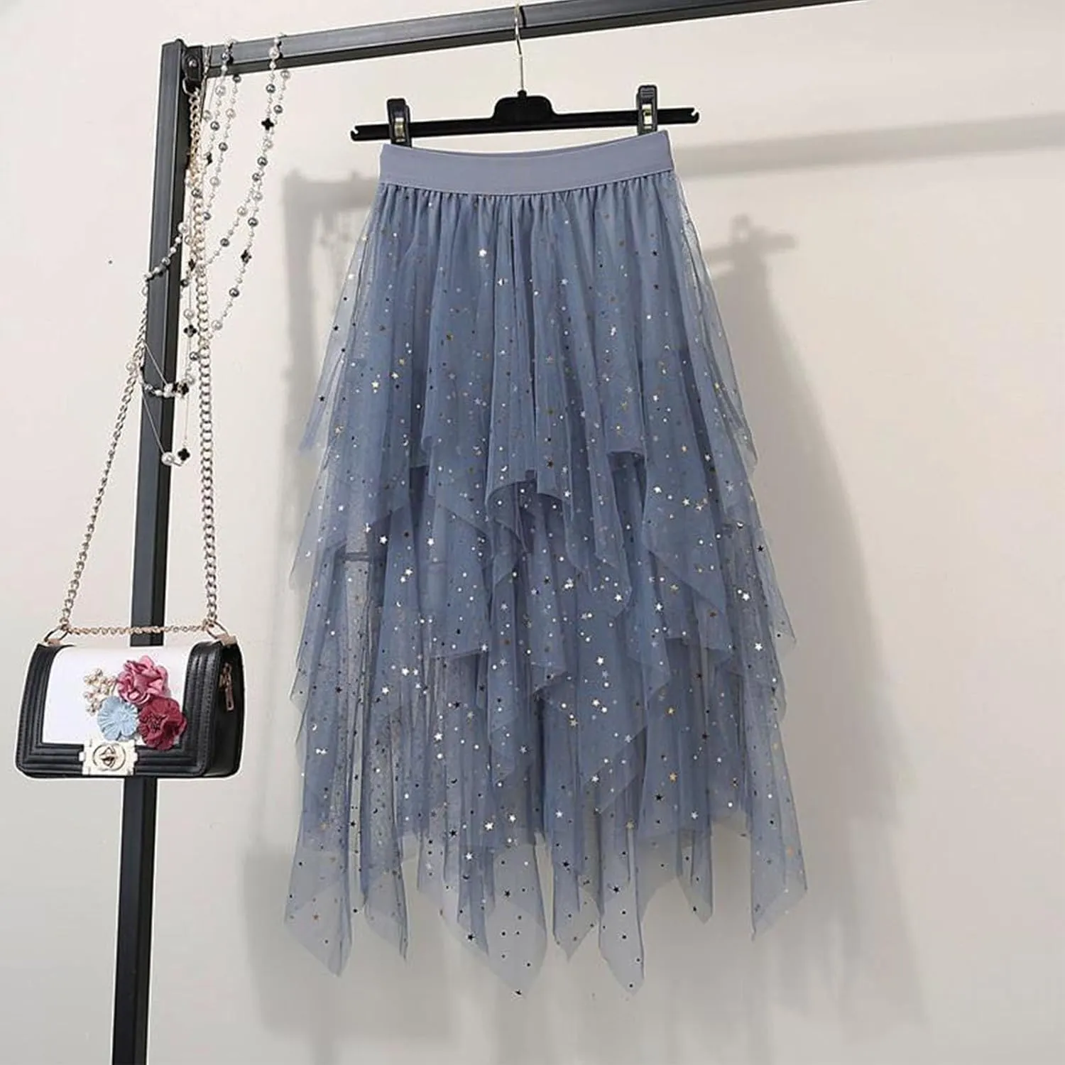 Women Sequin Tulle Tutu Skirt, Fashion Layered Irregular Hem Puffy Fairy Skirts High Waisted Comfy Sparkly Party Clothes