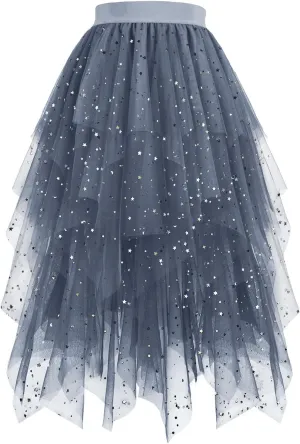 Women Sequin Tulle Tutu Skirt, Fashion Layered Irregular Hem Puffy Fairy Skirts High Waisted Comfy Sparkly Party Clothes