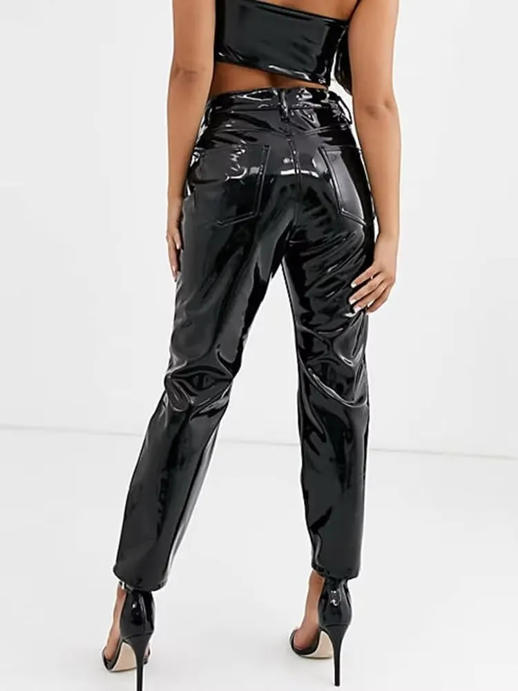 Women Shiny PU Latex Leather PVC Pants Slim Sexy Leggings Stretchy High Waist Bodycon Tight Trousers