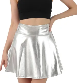 Women Shiny Short Skirt Metallic High Waisted Flared A-Line Mini Skater Skirts for Party Dance Performance Outfit