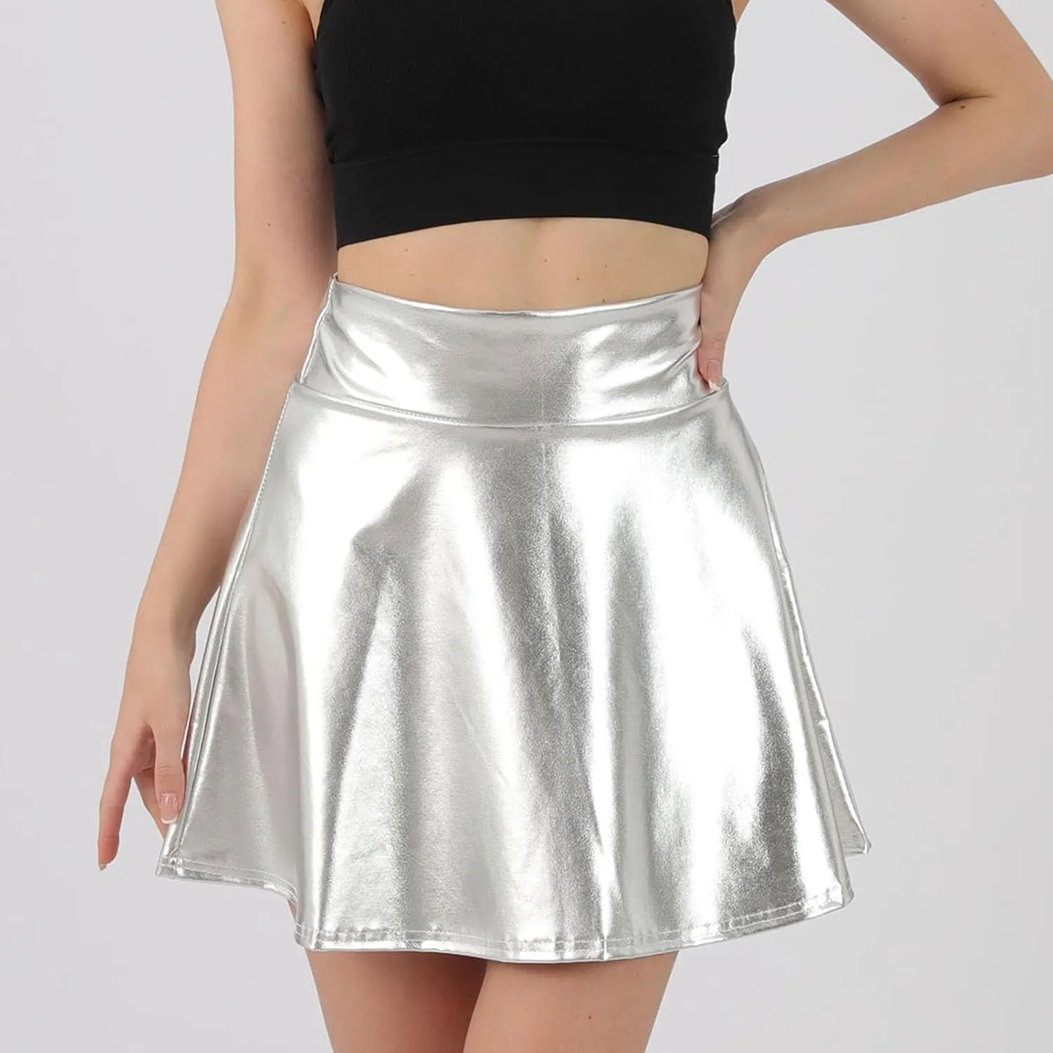 Women Shiny Short Skirt Metallic High Waisted Flared A-Line Mini Skater Skirts for Party Dance Performance Outfit