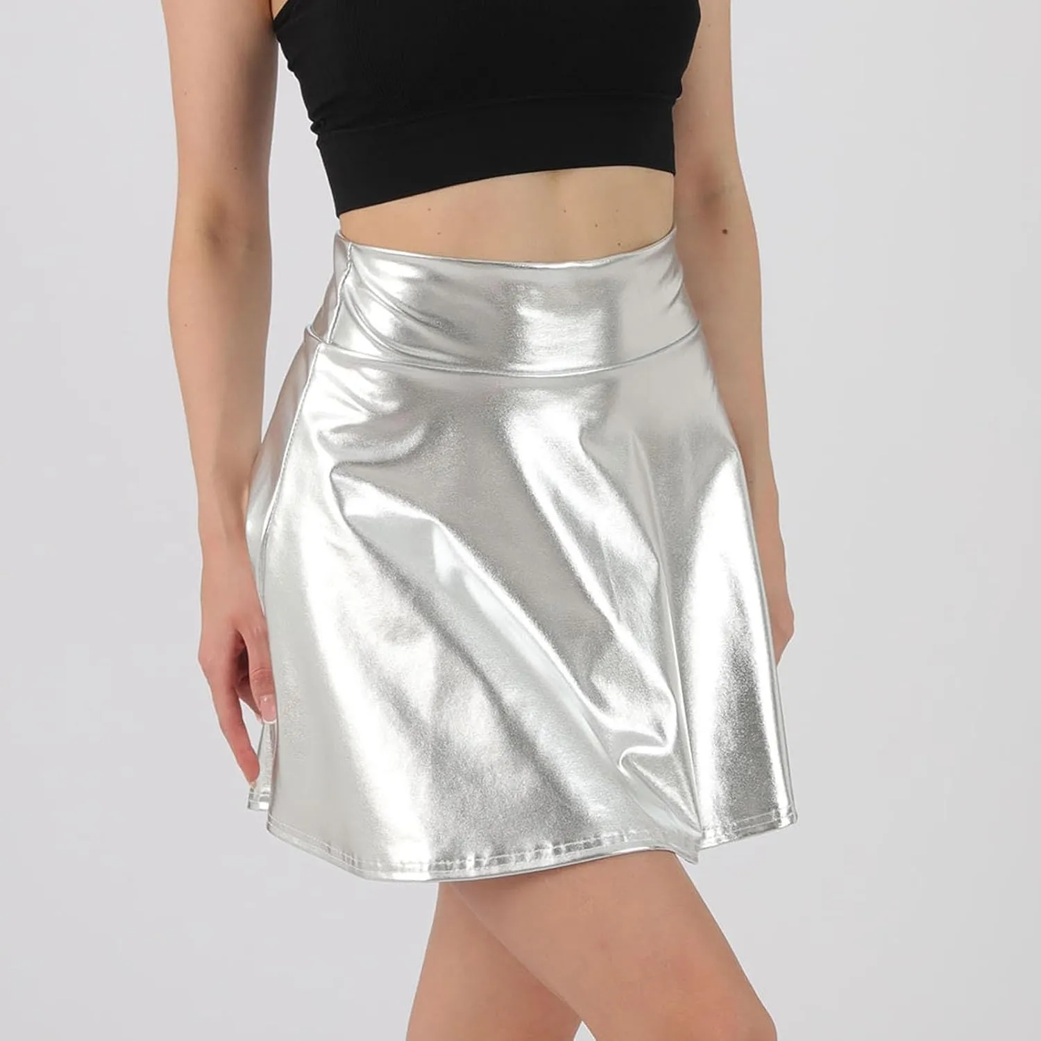 Women Shiny Short Skirt Metallic High Waisted Flared A-Line Mini Skater Skirts for Party Dance Performance Outfit