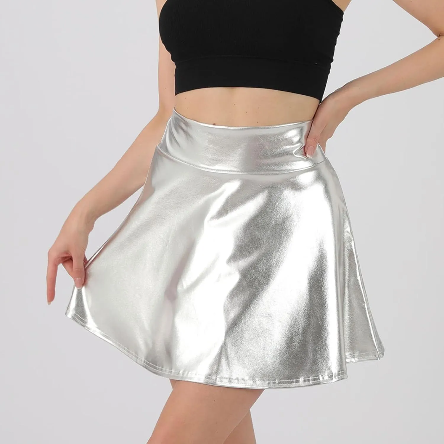 Women Shiny Short Skirt Metallic High Waisted Flared A-Line Mini Skater Skirts for Party Dance Performance Outfit