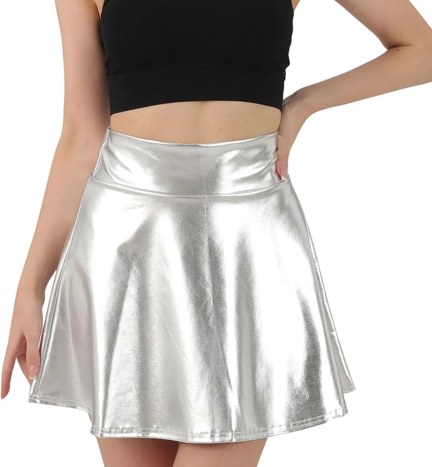 Women Shiny Short Skirt Metallic High Waisted Flared A-Line Mini Skater Skirts for Party Dance Performance Outfit
