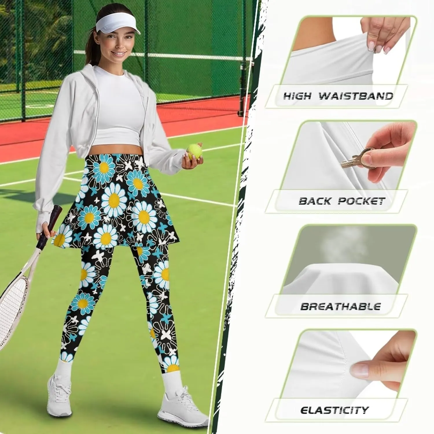 Women Tennis Skirted Legging for Active Skort Athletic Ruffle Pleated Golf Sport Skirts Pants with Pocket