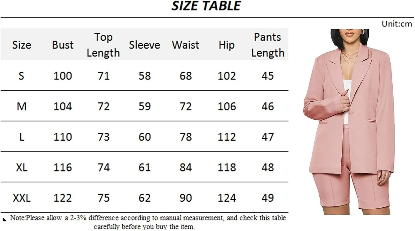 Women Two-Piece Pants Suit Solid Color Single-Breasted Blazer and Straight Fit Shorts Elegent Wear