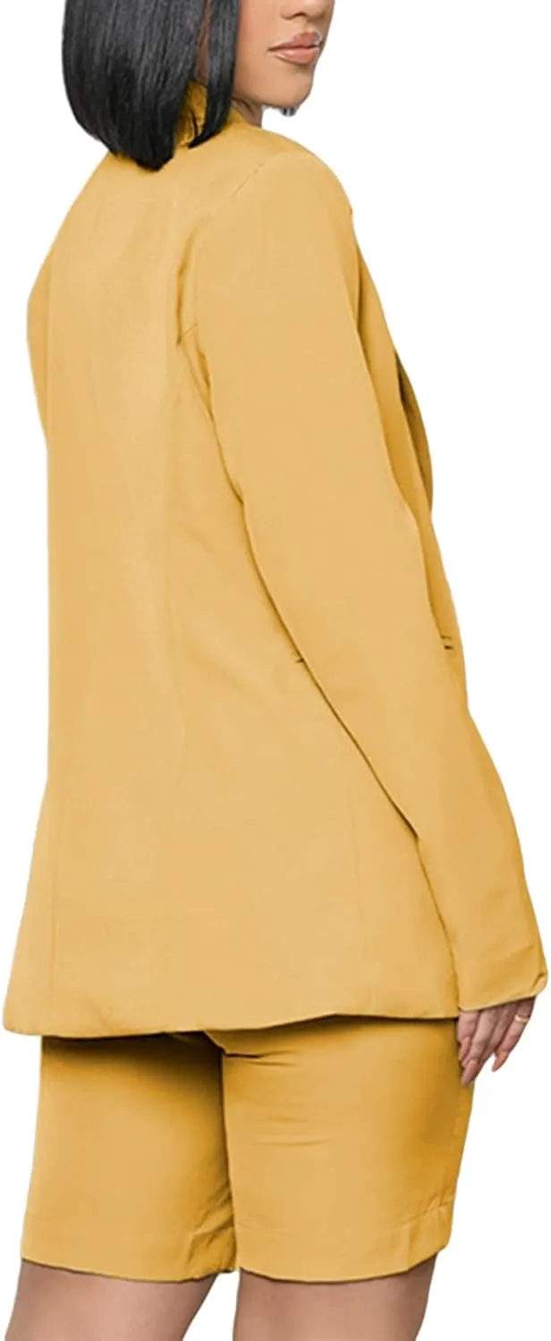 Women Two-Piece Pants Suit Solid Color Single-Breasted Blazer and Straight Fit Shorts Elegent Wear