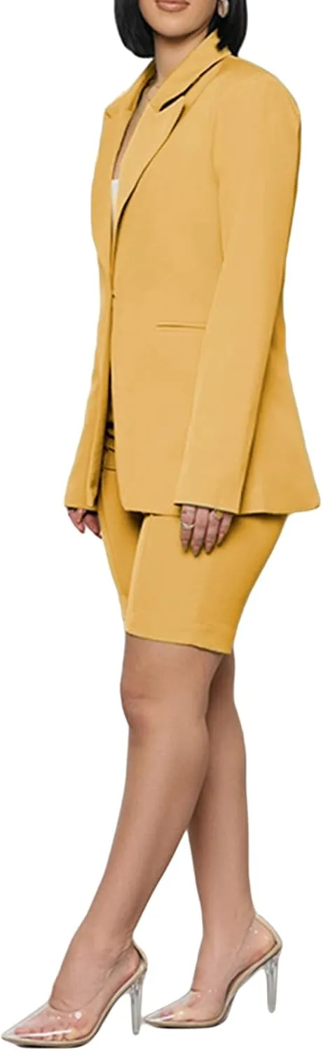 Women Two-Piece Pants Suit Solid Color Single-Breasted Blazer and Straight Fit Shorts Elegent Wear
